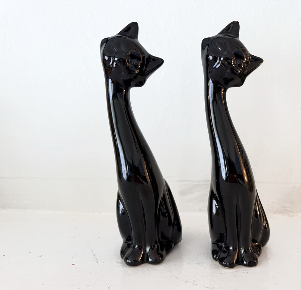 MCM Black Cat Figurines 8" Tall Ceramic Stylized Mid Century Modern Decor